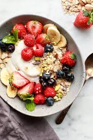 bowl of yogurt, fruit and granola