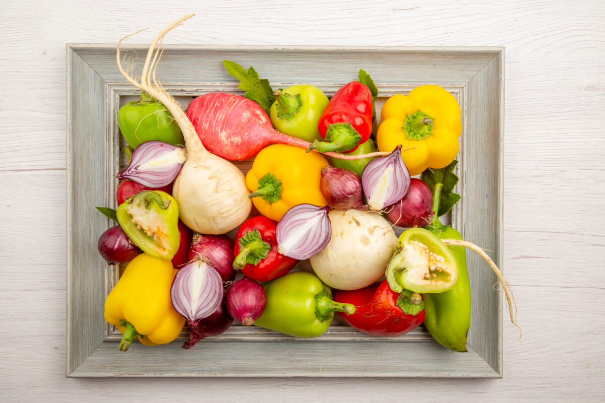 Colourful fruits and vegetables on a tray