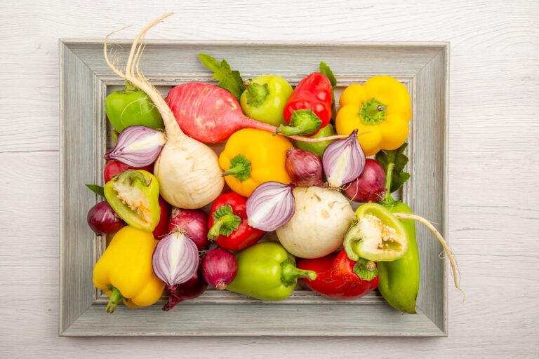 Colourful fruits and vegetables on a tray